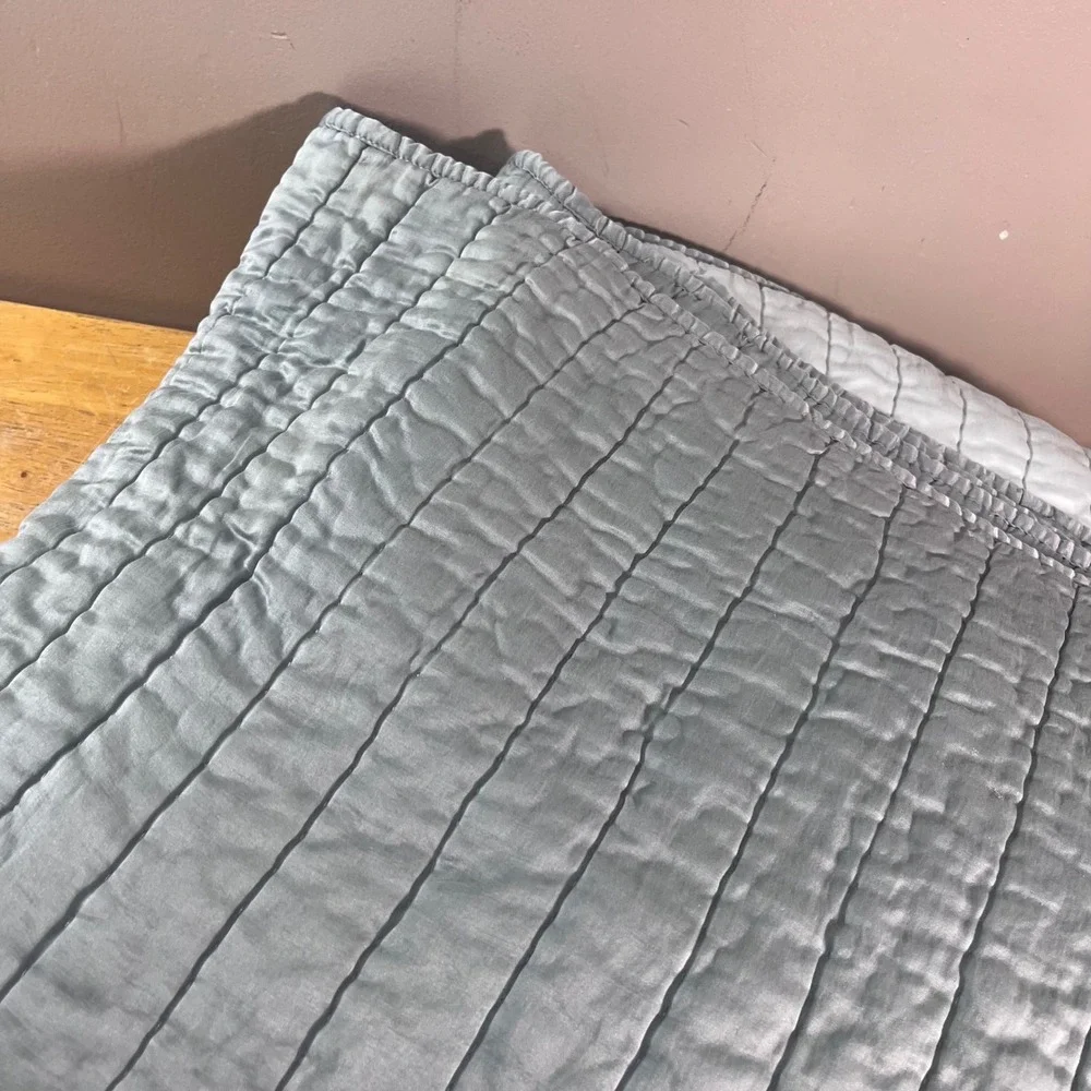 Pottery Barn Quilt Full/Queen Dusty Blue Silk Cotton Blend Channel Quilted